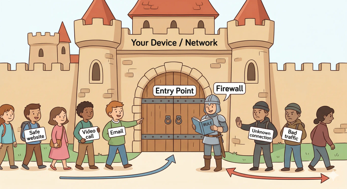 A picture showing a castle with a guard that represents a firewall, checking incoming and outgoing traffic.