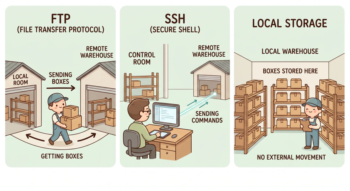 FTP compared with HTTP, SSH, SFTP, and cloud storage to show how FTP is used for moving files between computers.
