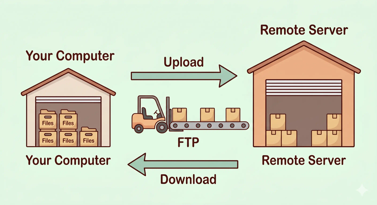 FTP shown as a warehouse cargo transfer system moving file boxes between a computer and a remote server.