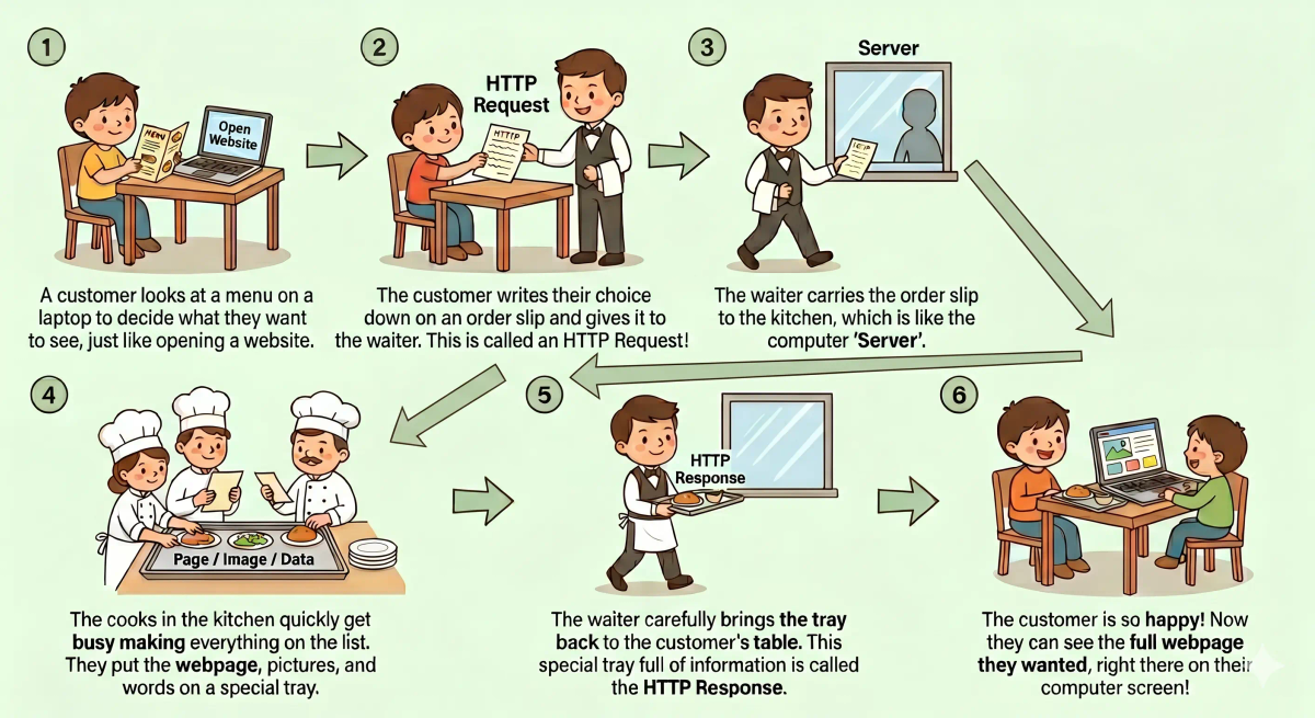 A picture showing the step-by-step flow of how HTTP works, using the restaurant ordering system analogy to illustrate the request and response process between a browser and server.
