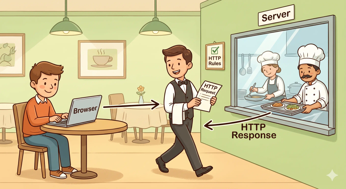 A picture showing a restaurant ordering system as an analogy for HTTP, with a customer (browser) placing an order (HTTP request) to the kitchen (server) and receiving a response (HTTP response).