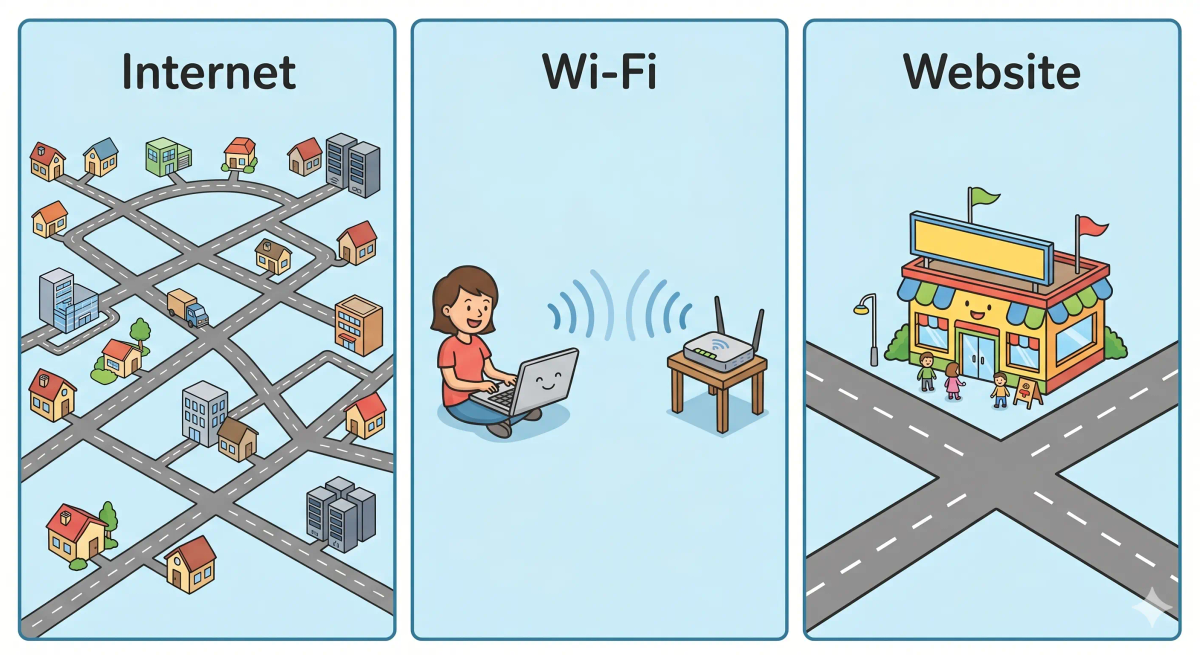 Internet compared with Wi-Fi, web, router, and server to show that the internet is the global network connecting them.
