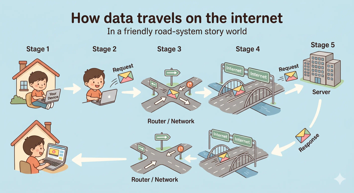 Step-by-step internet flow showing a device sending data through Wi-Fi, router, modem, ISP, and across connected networks to a server.
