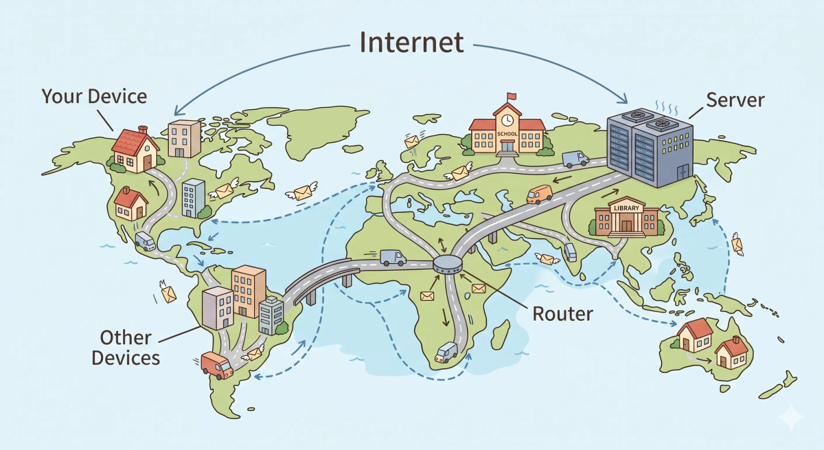 Internet shown as a giant world of connected roads linking homes, devices, servers, and networks together.