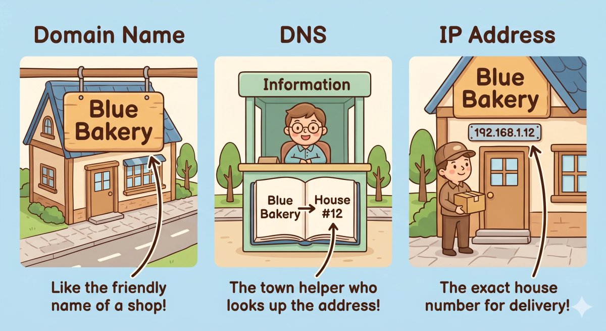 Domain name compared with DNS, IP address, URL, and website to show how each part helps people reach a web page.