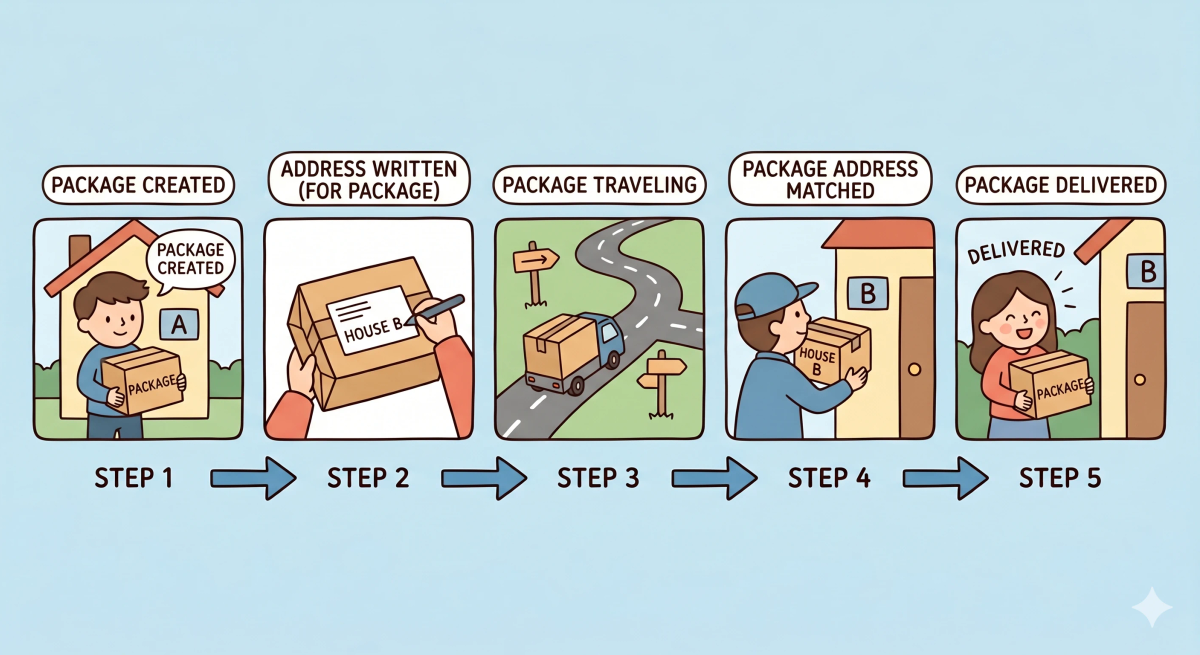 A picture showing the step-by-step flow of how data travels through the network using IP addresses to reach the correct device, represented by a package traveling from one house to another in a town.