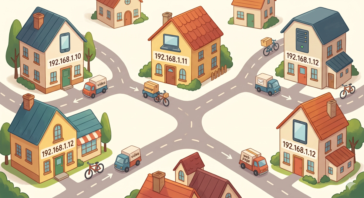 A picture showing a colorful town with houses that represent devices, roads that represent the internet, and packages that represent data. Each house has a visible address number that represents an IP address.