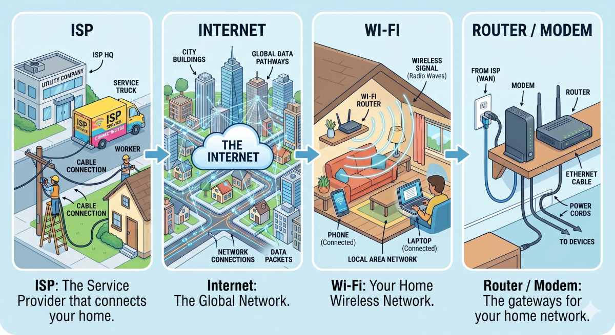 ISP compared with internet, Wi-Fi, router, modem, and website to show what an internet service provider does.