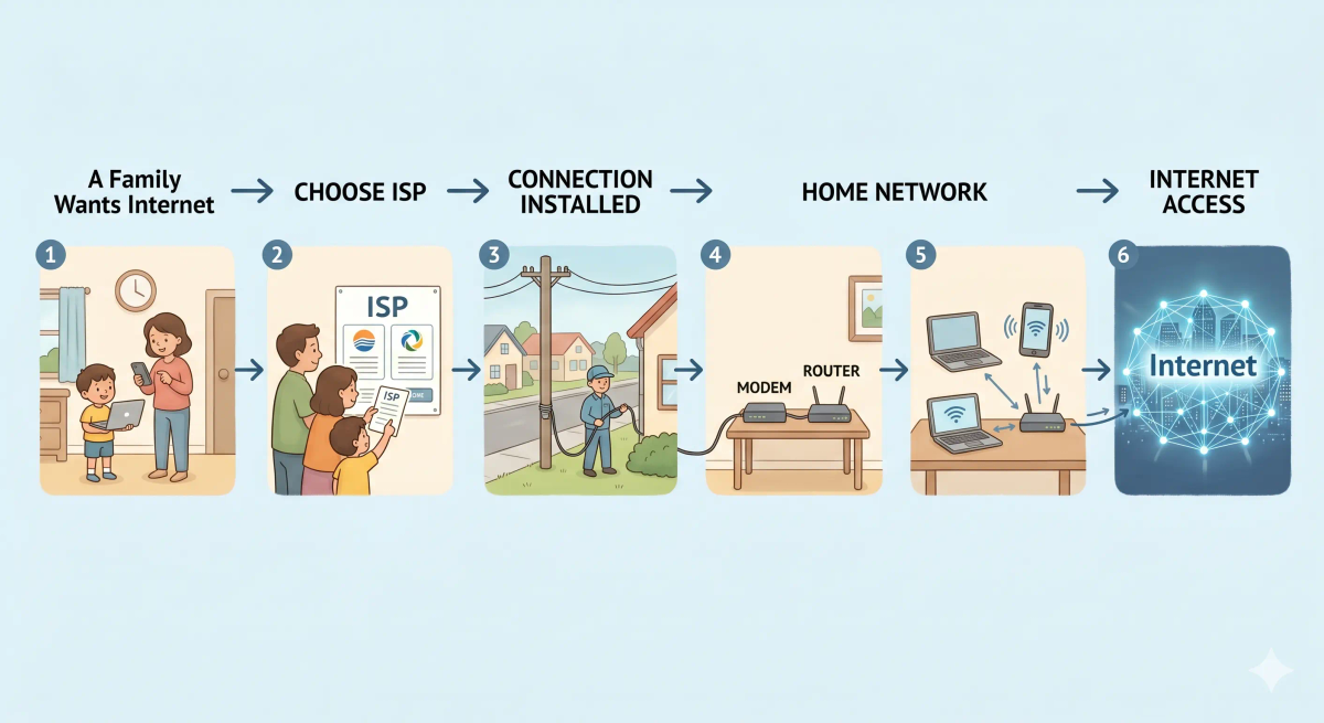 Step-by-step ISP flow showing a home device connecting through Wi-Fi, router, modem, ISP, and then the wider internet.