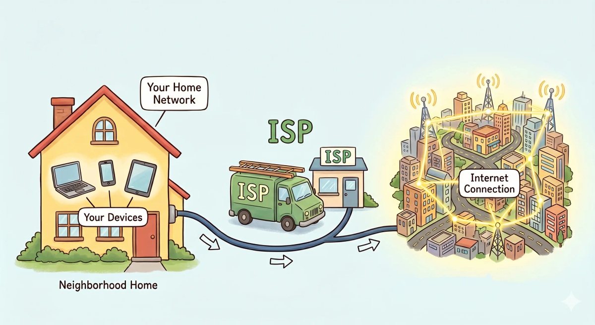 ISP shown as a utility company connecting a home to the wider internet city network.
