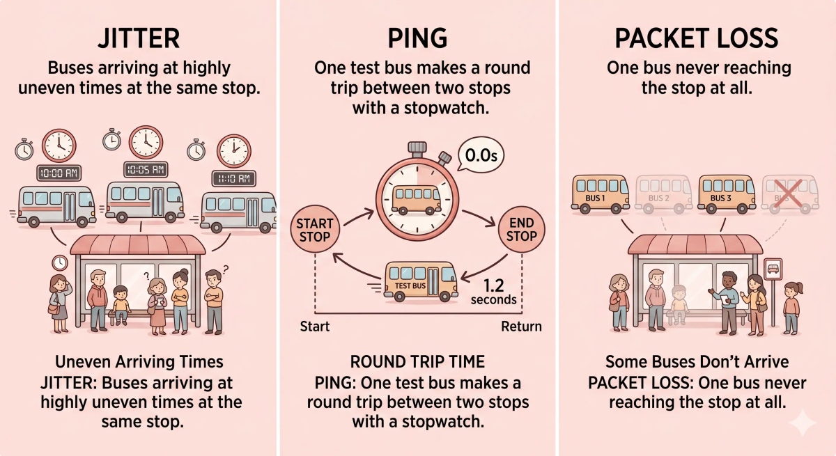 Jitter compared with latency, ping, bandwidth, and packet loss to show different network performance problems.