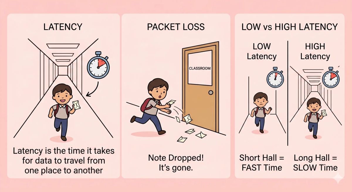 Latency compared with bandwidth, ping, and jitter to show delay, capacity, response testing, and uneven timing.