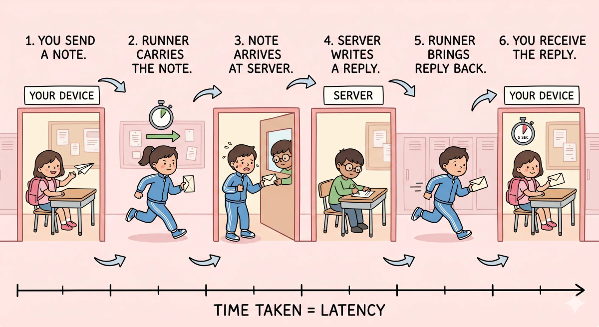 Step-by-step latency flow showing a request traveling to a server and the response returning after a delay.