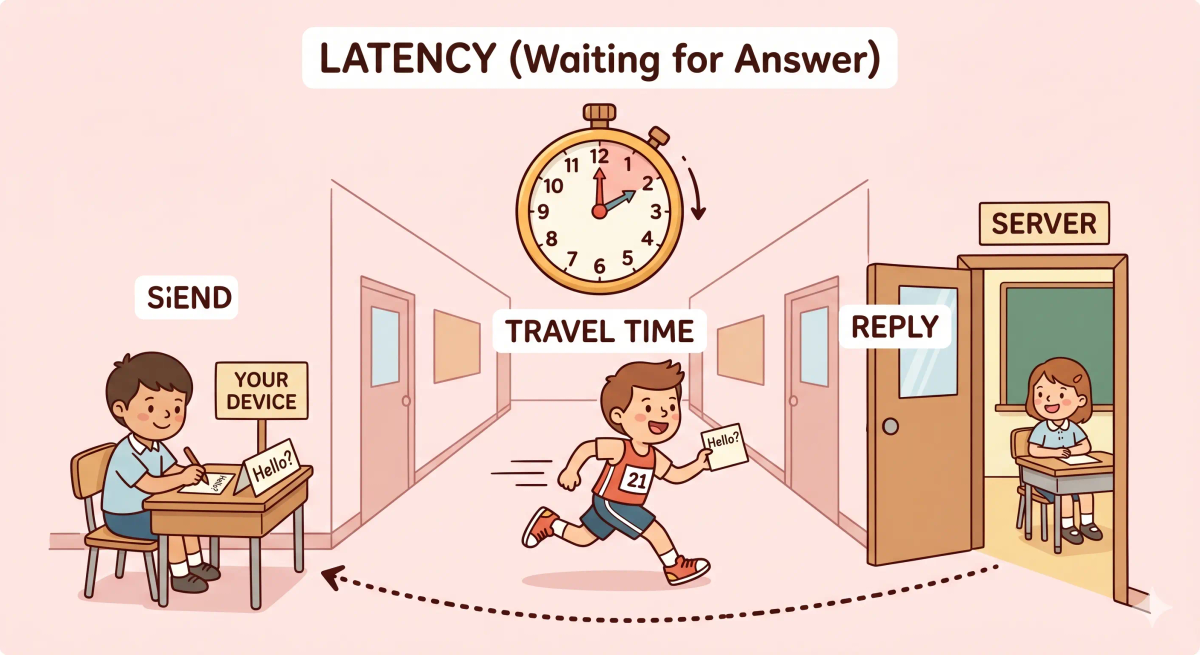 Latency shown as a runner carrying a note down a hallway and back, explaining network delay.
