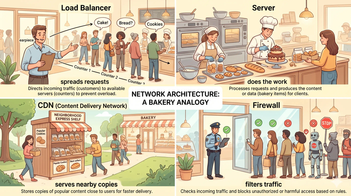 A four-panel bakery comparison showing load balancer, server, CDN, and firewall as different infrastructure roles.