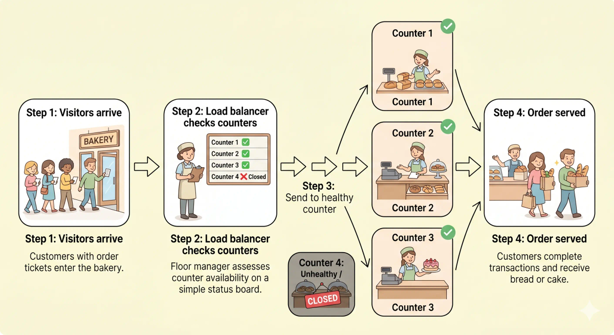 A step-by-step bakery flow showing how a load balancer checks healthy servers and sends requests to available ones.
