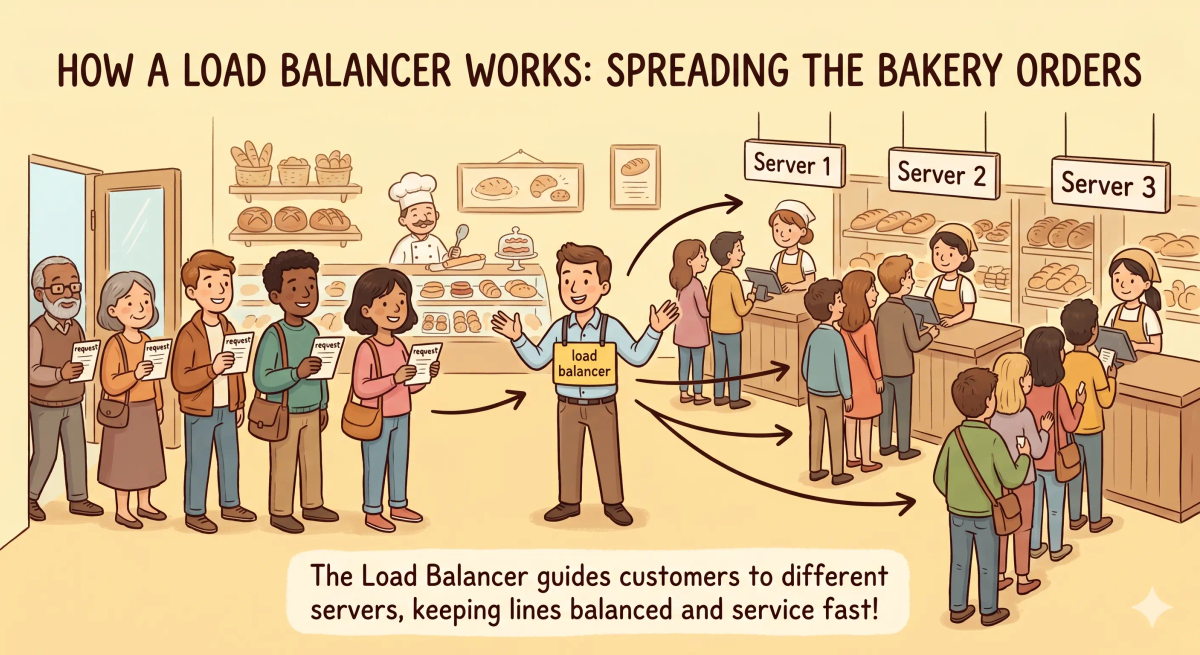 A busy bakery where a floor manager spreads customer requests across multiple counters like a load balancer spreads traffic across servers.