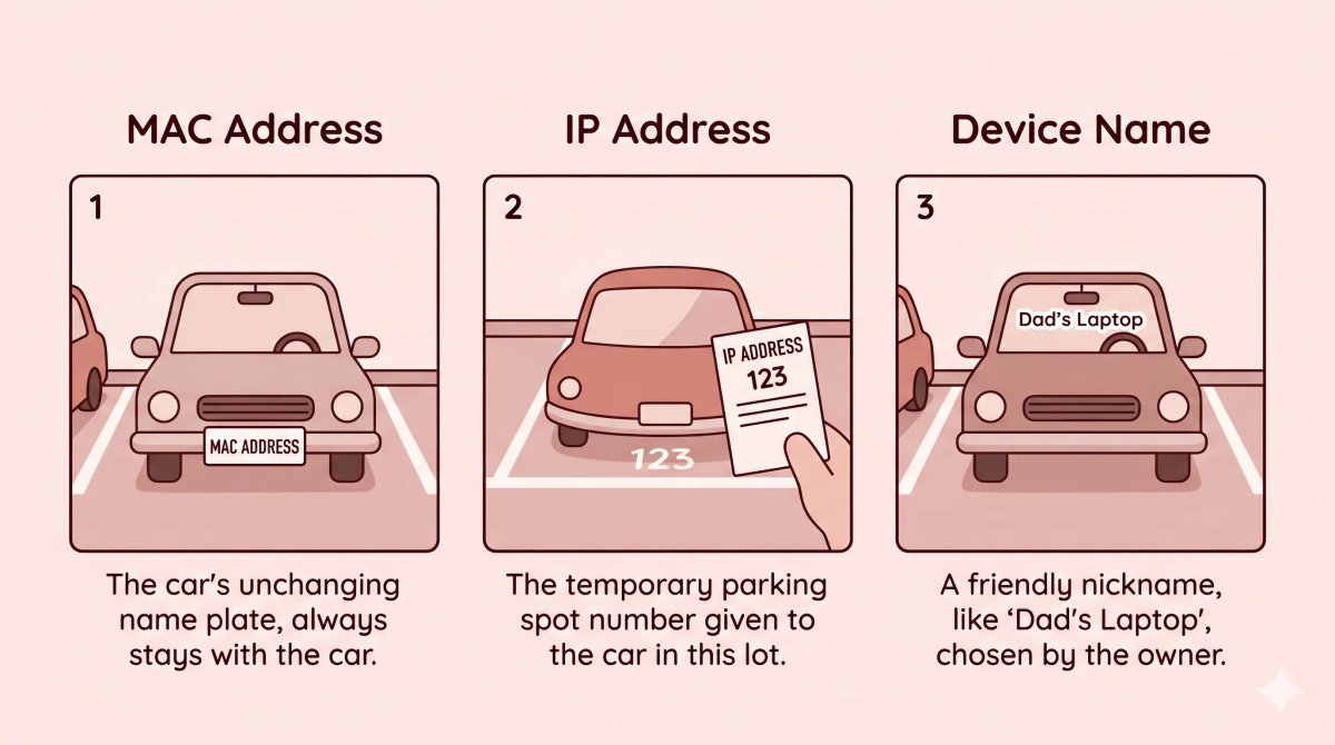 MAC address compared with IP address, device name, and router to show how local network identification works.