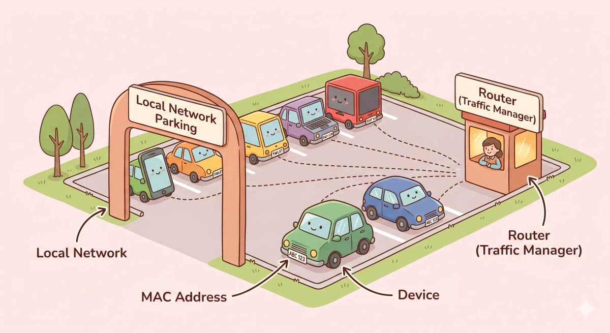 MAC address shown as a car license plate in a parking area, explaining how a device is identified on a local network.