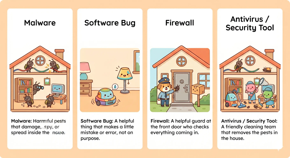 Malware compared with viruses, phishing, firewalls, and antivirus to show the difference between threats and protections.