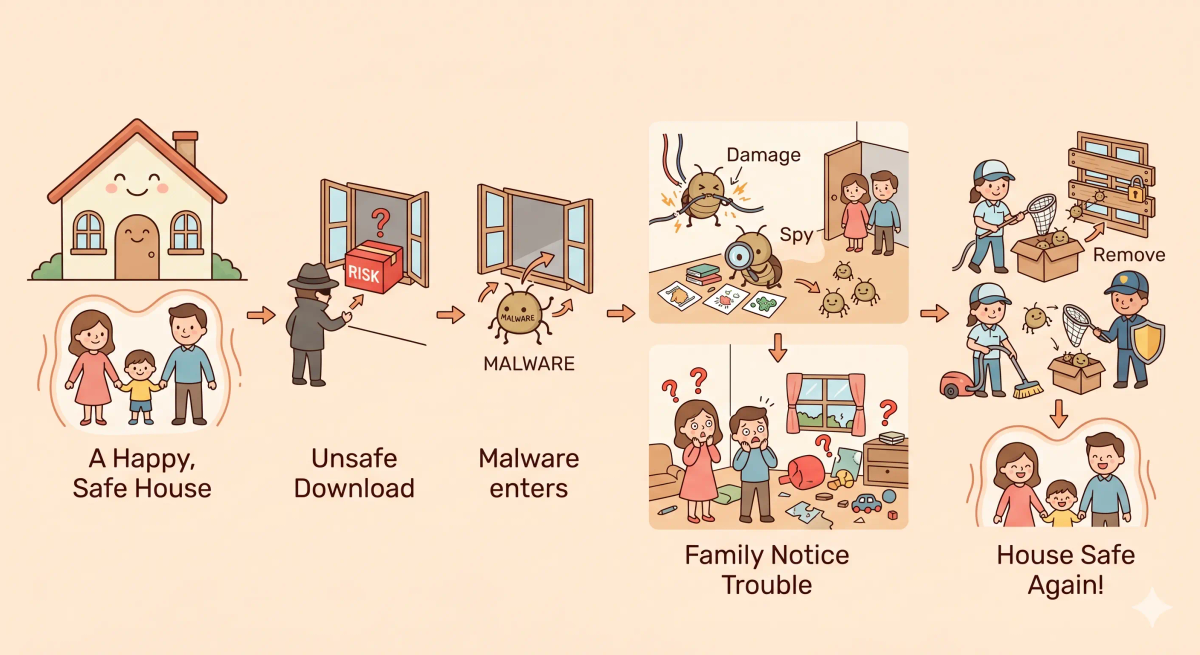 Malware infection flow showing a risky file or link letting harmful software enter, cause damage, and get removed.