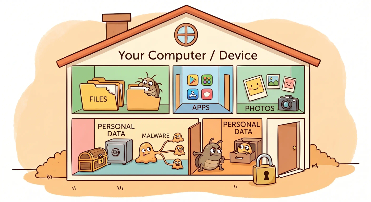 Malware shown as harmful pests sneaking into a house, representing malicious software entering a device.