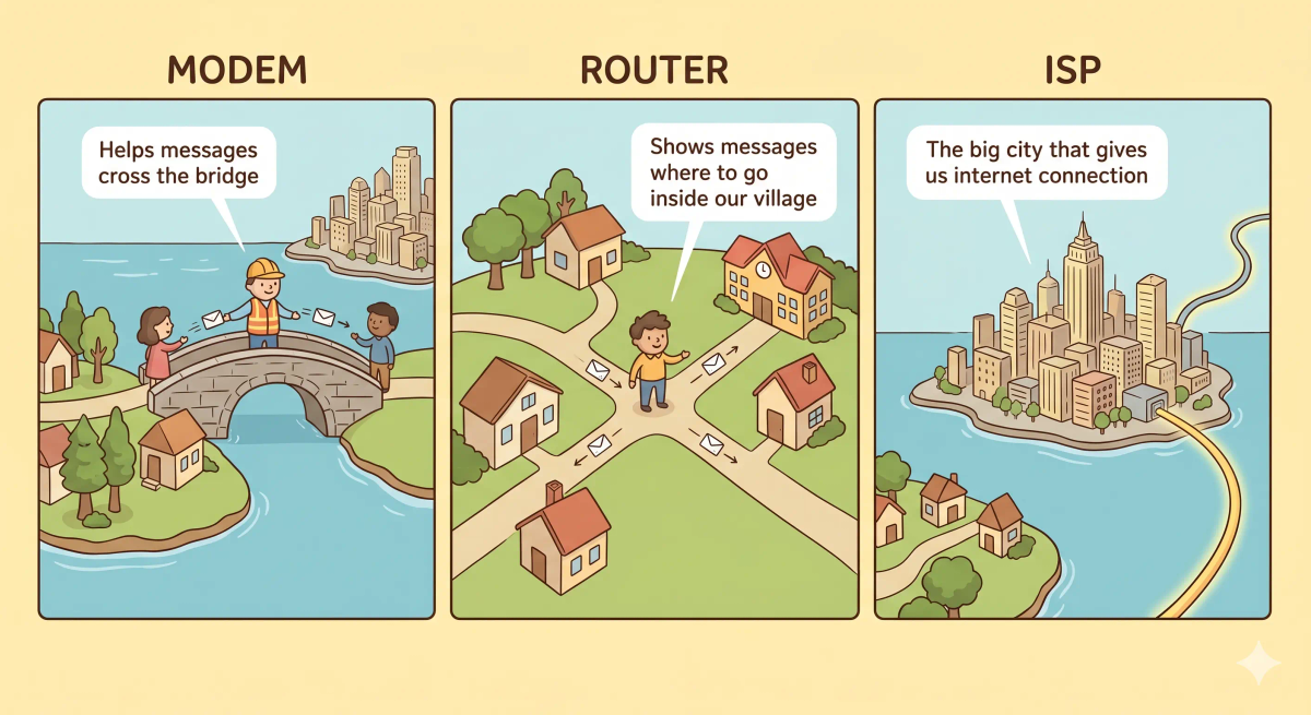 Modem compared with router, Wi-Fi, ISP, and internet to show each part of a home internet connection.