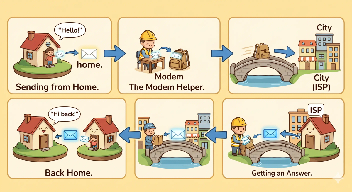 Step-by-step modem flow showing a home device sending data through a router, modem, ISP, and out to the internet.