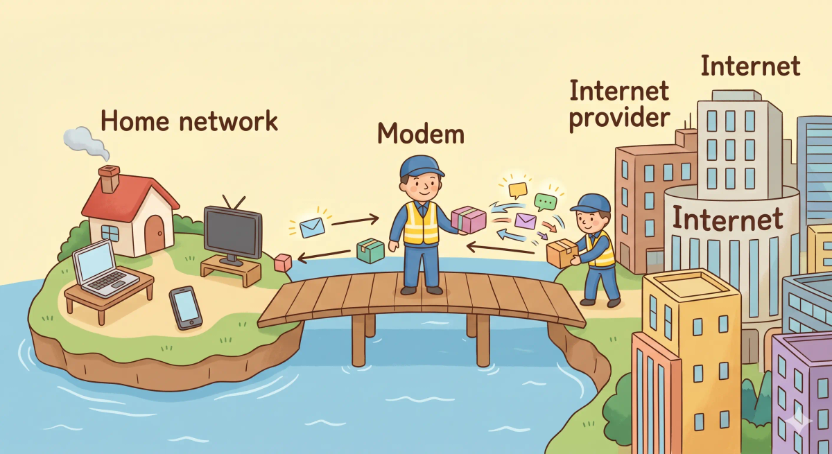 Modem shown as a bridge translator between a home island and the mainland internet city, connecting the home to an ISP.
