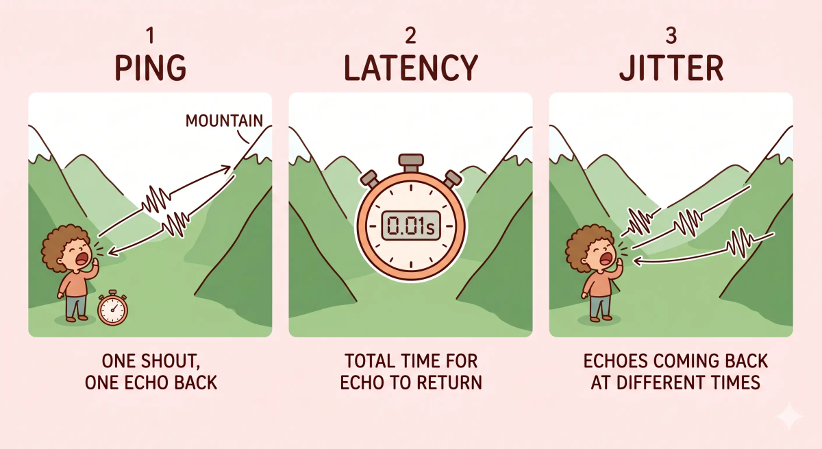 Ping compared with latency, bandwidth, jitter, and packet loss to explain common internet performance measurements.
