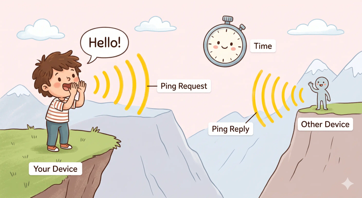 Ping shown as a person shouting into a valley and listening for an echo, explaining a network response test.