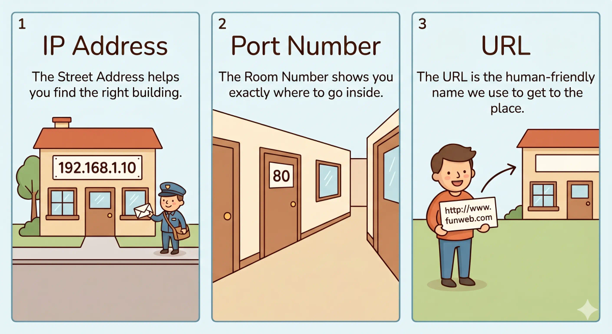 A picture showing the differences between an IP address (street address on a building), a port number (room number inside the building), and a URL (a human-friendly name leading to the building), illustrating how these concepts relate to each other.