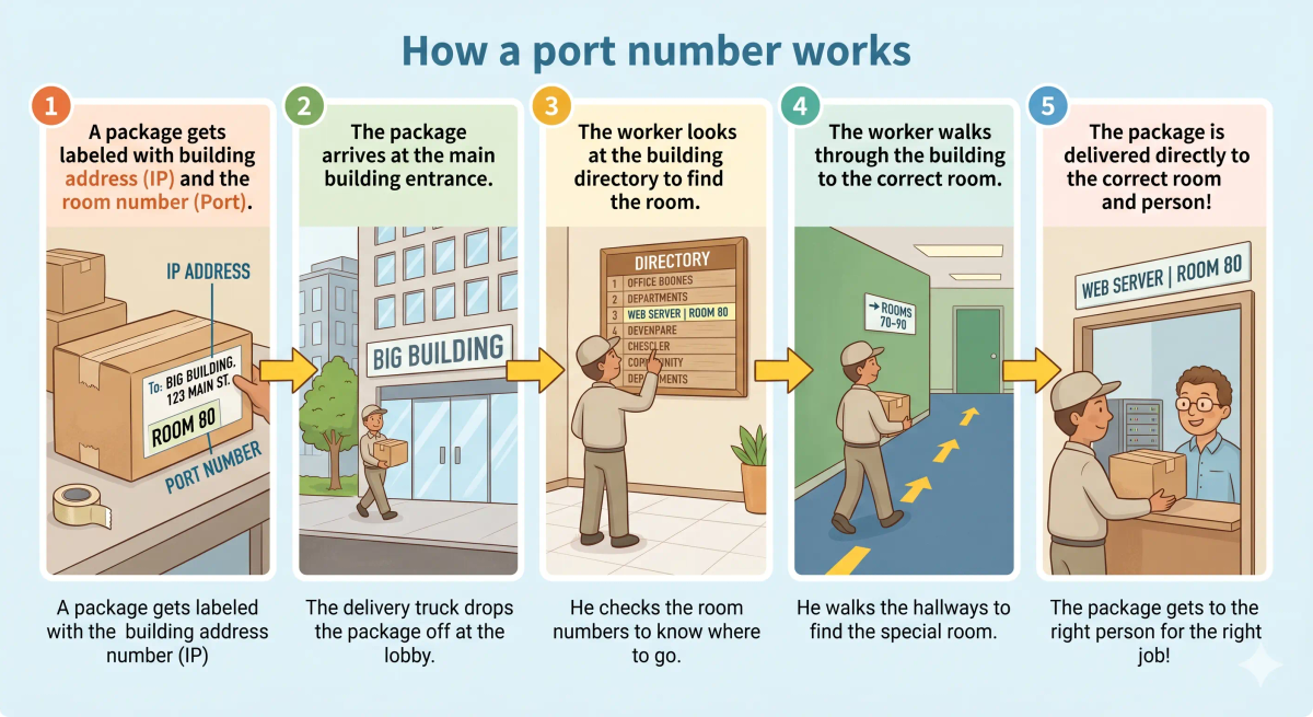 A picture showing a step-by-step flow of a delivery package arriving at a building, checking the room number, and being delivered to the correct office, illustrating how a port number directs data to the right service inside a device.