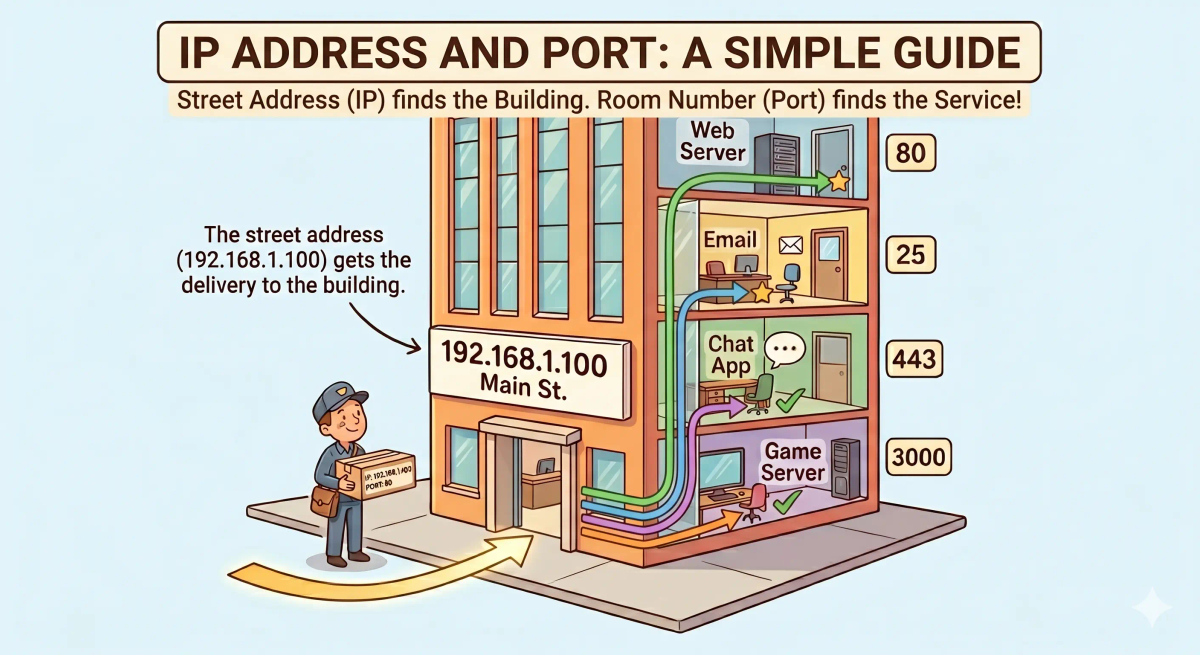 A picture showing a tall office building with a street address and cutaway rooms labeled with room numbers, illustrating the concept of a port number as a room number inside a building.