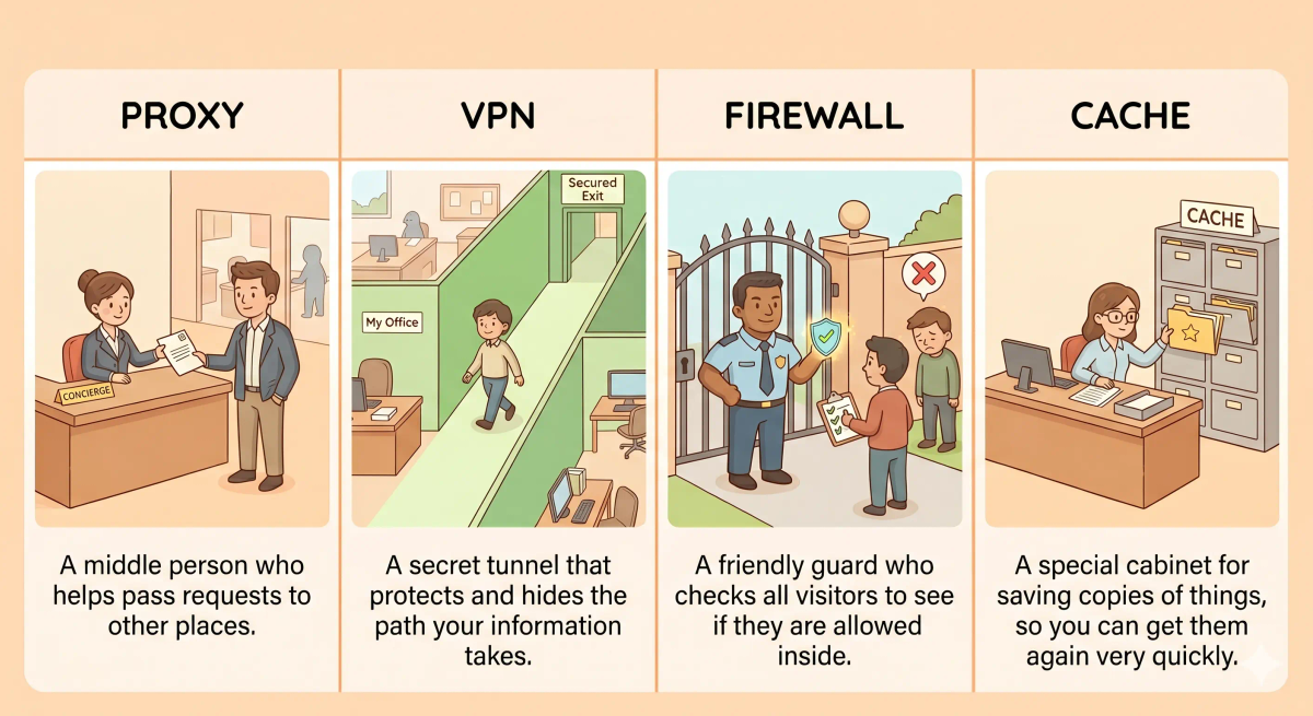 Proxy compared with VPN, firewall, and cache to show how a proxy acts as a middle representative for internet requests.