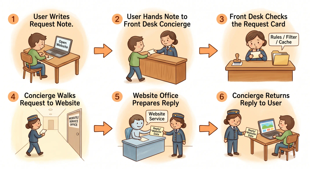 A picture showing the step-by-step flow of how a proxy receives a request, processes it, forwards it to the destination, and returns the response back to the user.