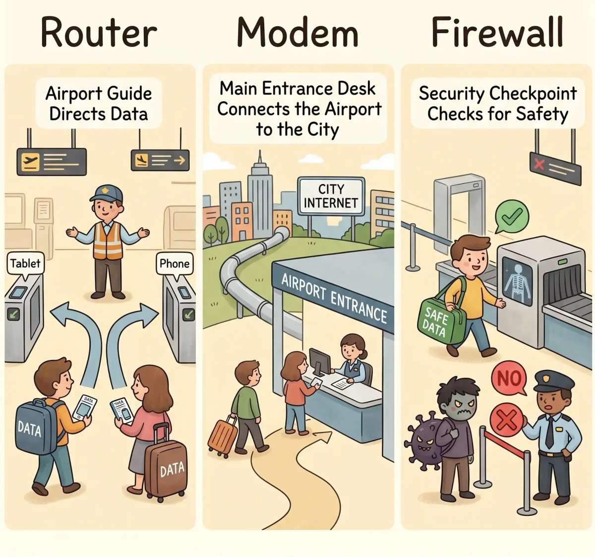 Router compared with modem, Wi-Fi, IP address, and firewall to show how network traffic is directed.