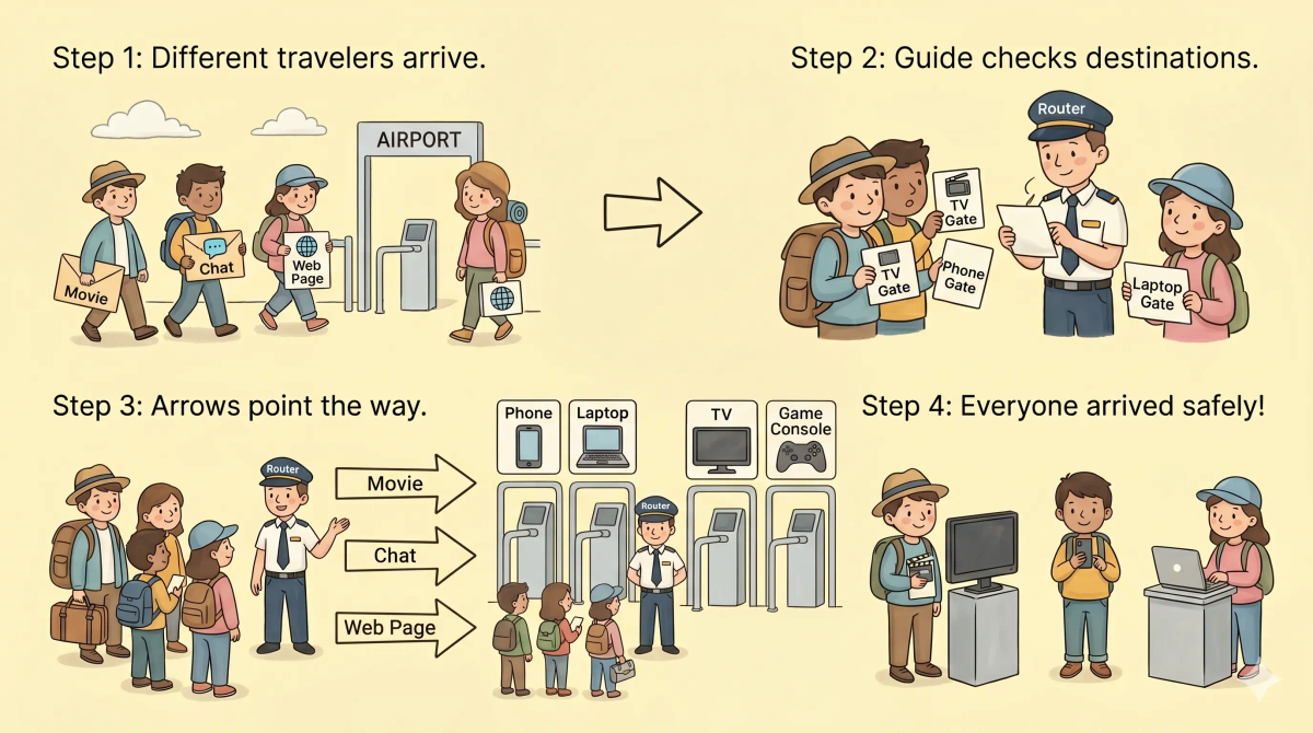 Step-by-step router flow showing data packets arriving, being checked, and sent toward the right device or internet destination.