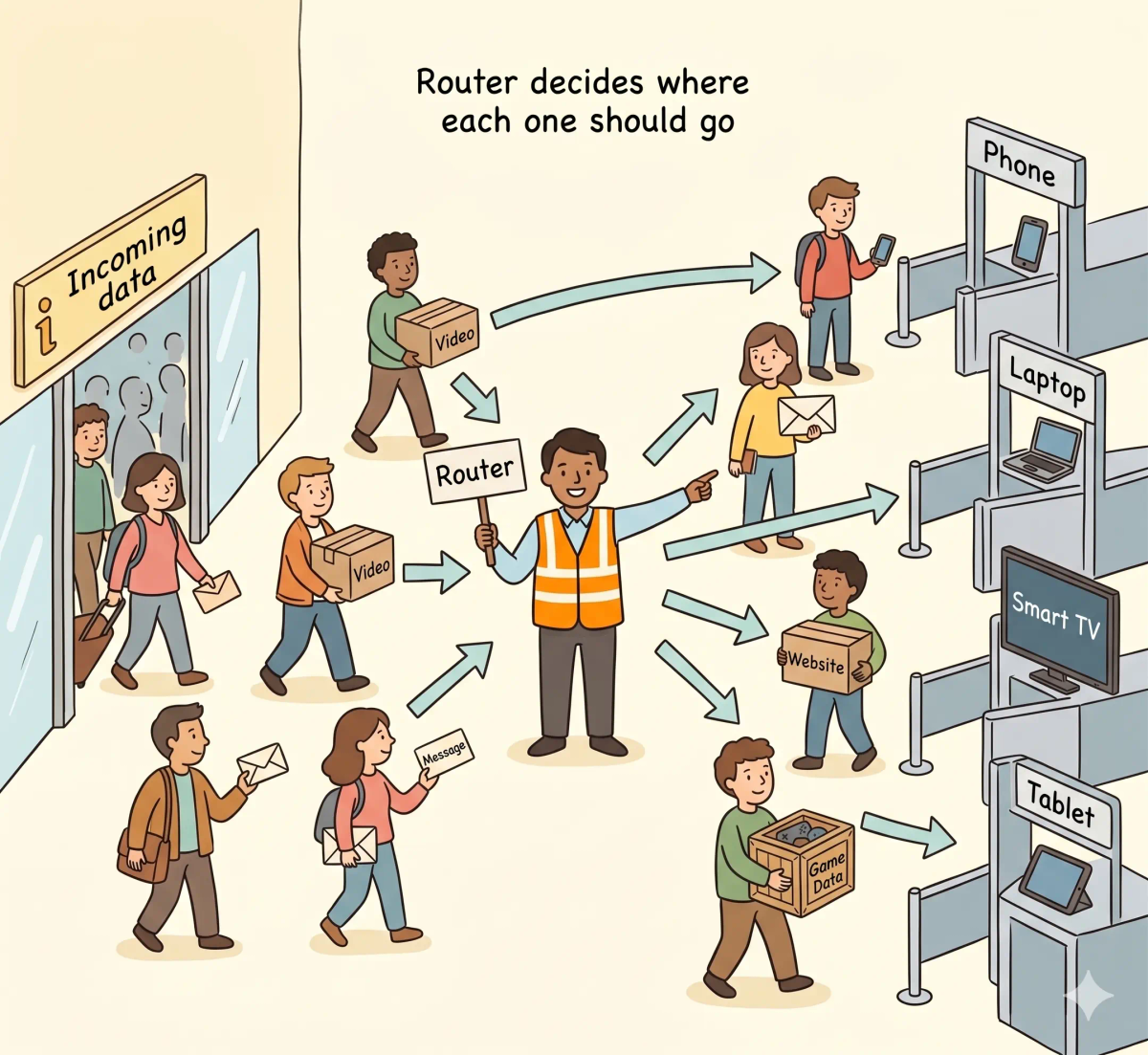 Router shown as an airport guide directing data travelers to the correct device or destination on a network.