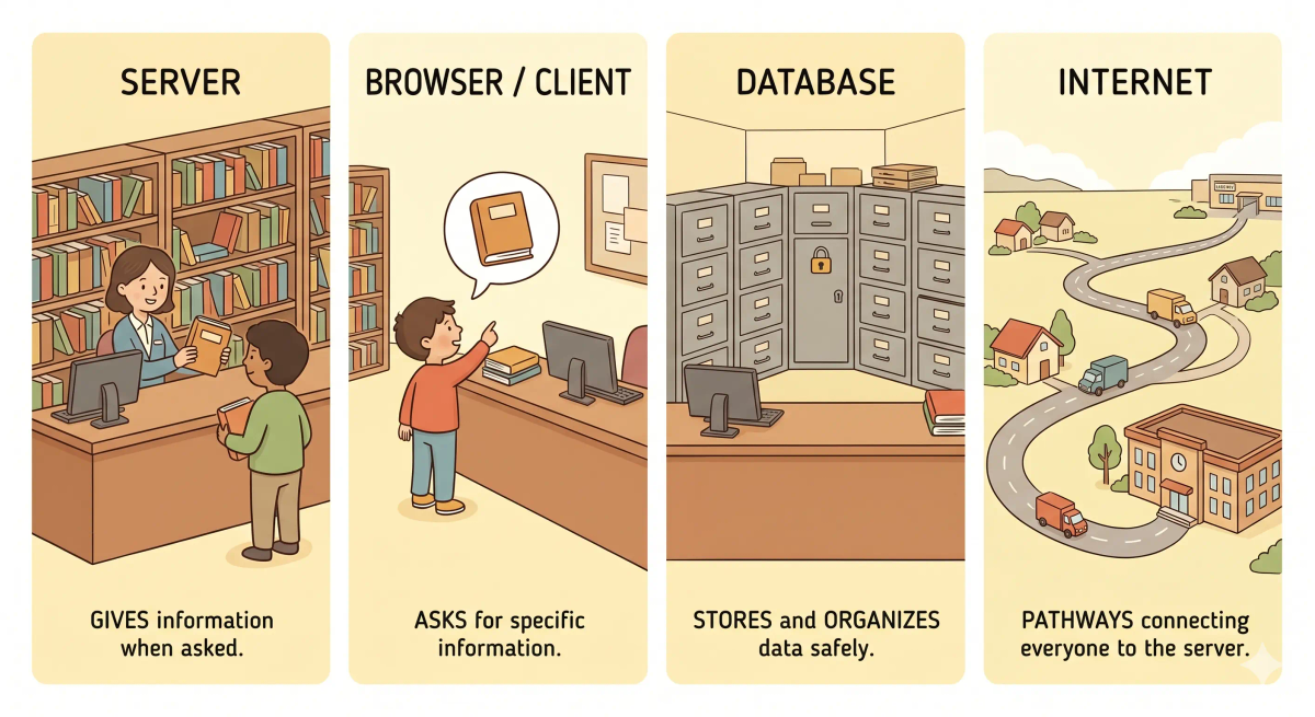 Server compared with browser, router, cache, CDN, and load balancer to show how web infrastructure parts work together.