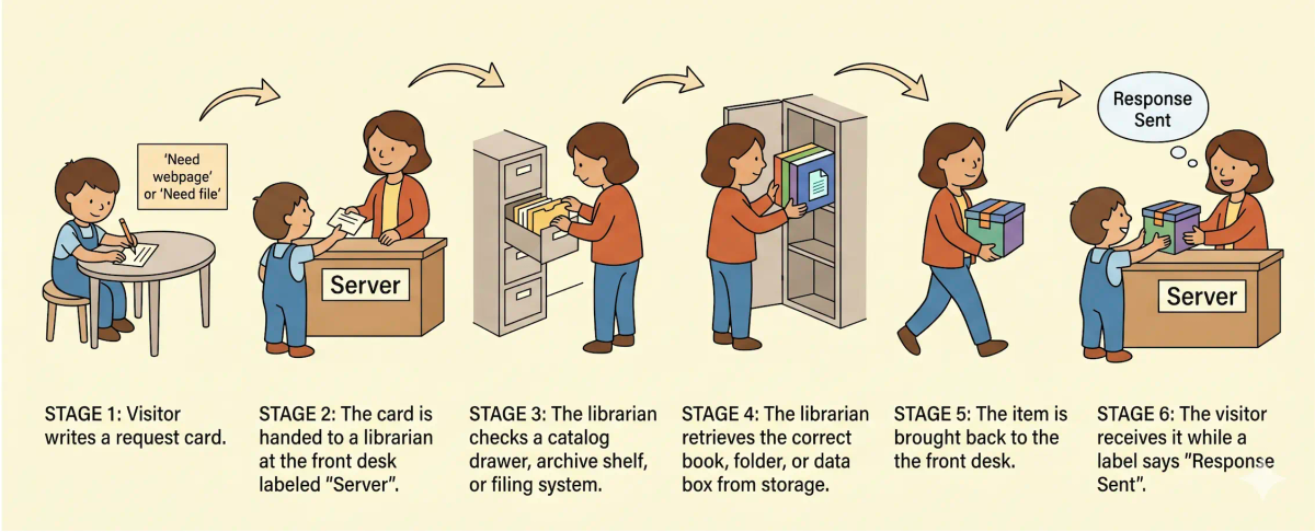 Step-by-step server flow showing a browser request arriving, the server finding the requested data, and sending a response back.