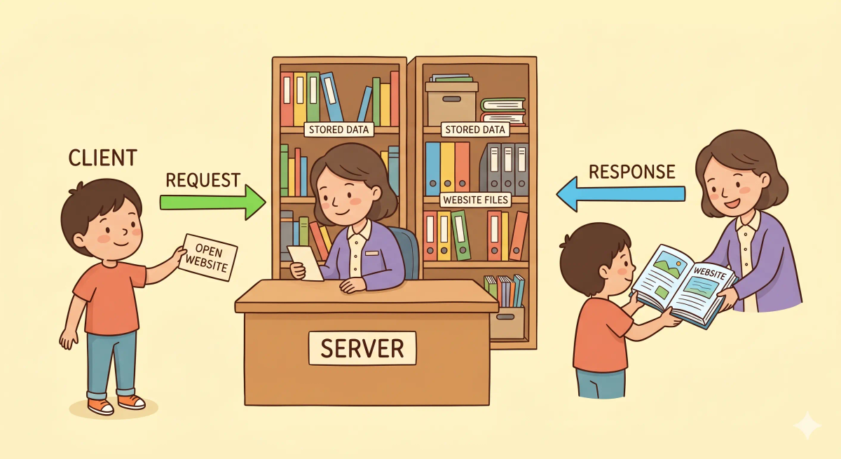 Server shown as the staff and storage rooms of a busy library, giving requested files and web pages to visitors.