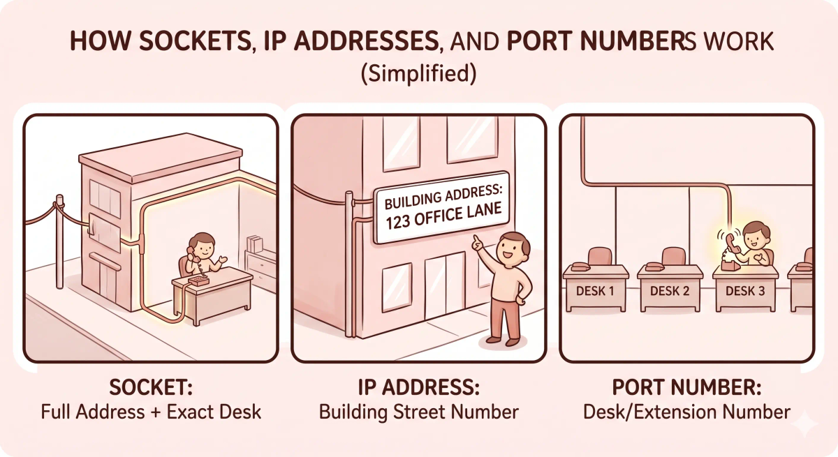 Socket compared with IP address, port number, server, API, TCP, and UDP to show how network connections are targeted.