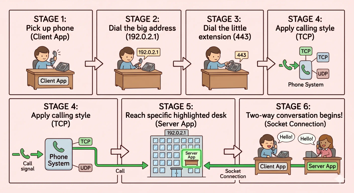 Step-by-step socket flow showing a client app connecting to a server using an IP address and port number.