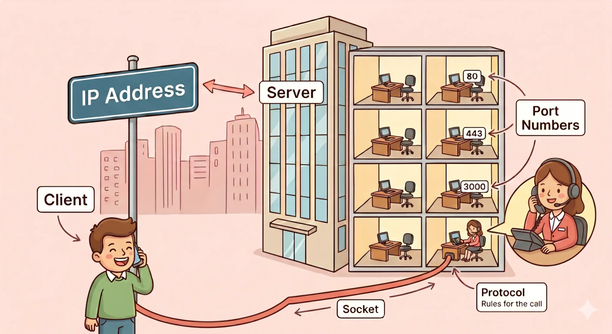 Network socket shown as a direct office phone line connecting one app to one exact desk on a server.