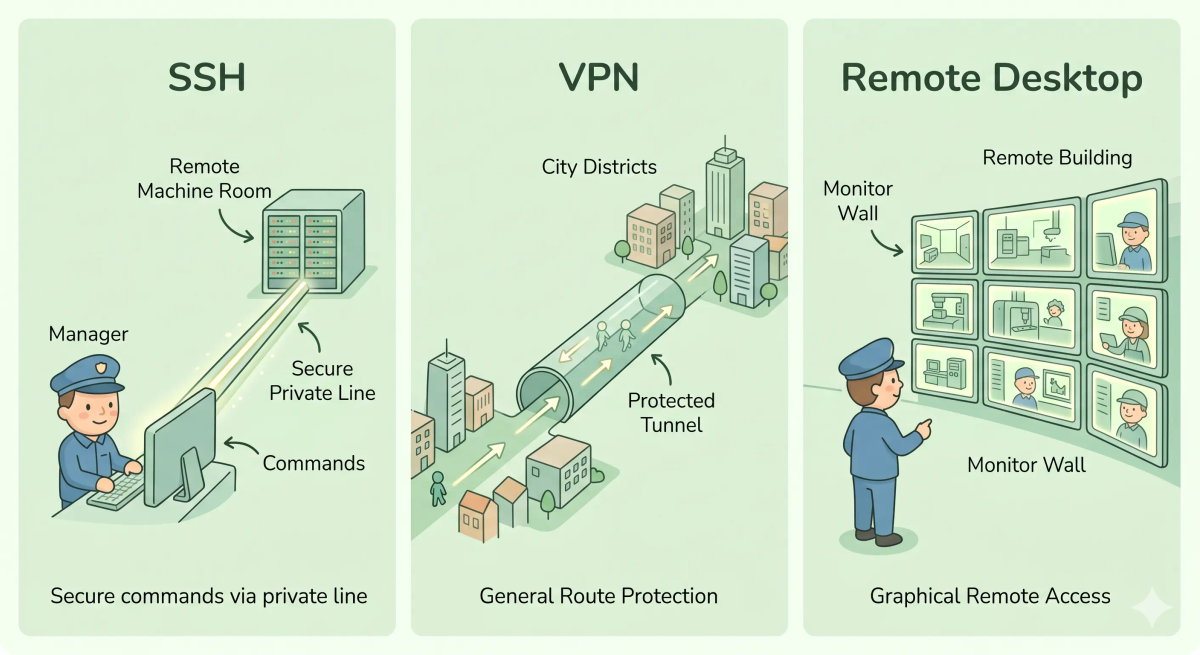 SSH compared with FTP, VPN, HTTPS, and normal remote access to show how SSH securely controls a remote computer.