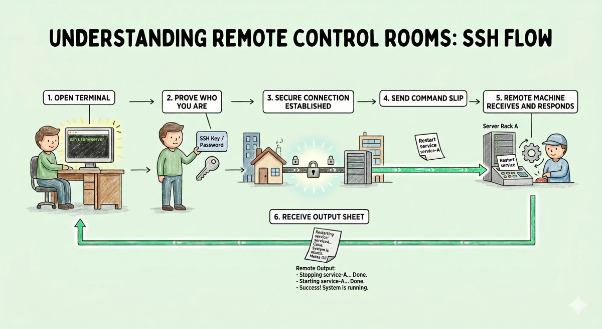 Step-by-step SSH flow showing a user connecting securely to a remote server, proving identity, and running commands.