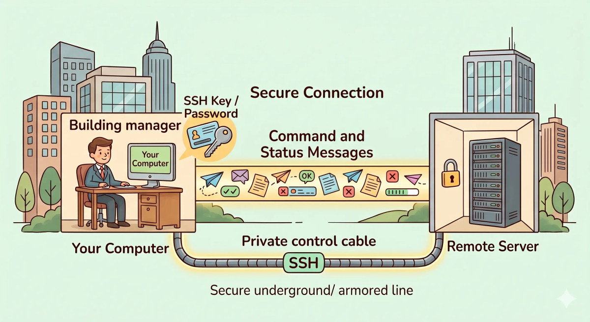 SSH shown as a private locked control line from a laptop to a remote server machine room.