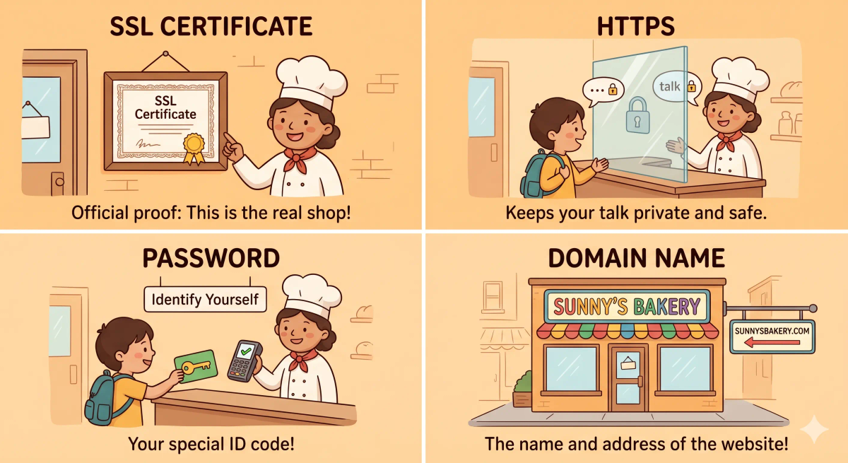 SSL certificate compared with HTTPS, encryption, passwords, and domain names to show how each one protects a different part of a secure website.