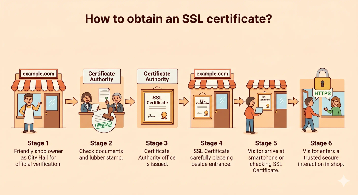 A picture showing the step-by-step flow of how an SSL certificate is issued, presented, checked, and then used as part of a trusted HTTPS connection.